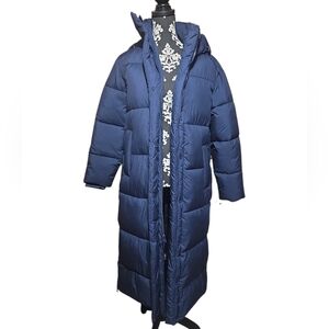 Champion Womens Water Resistant Hooded Puffer Navy Blue Long Filled Jacket XS